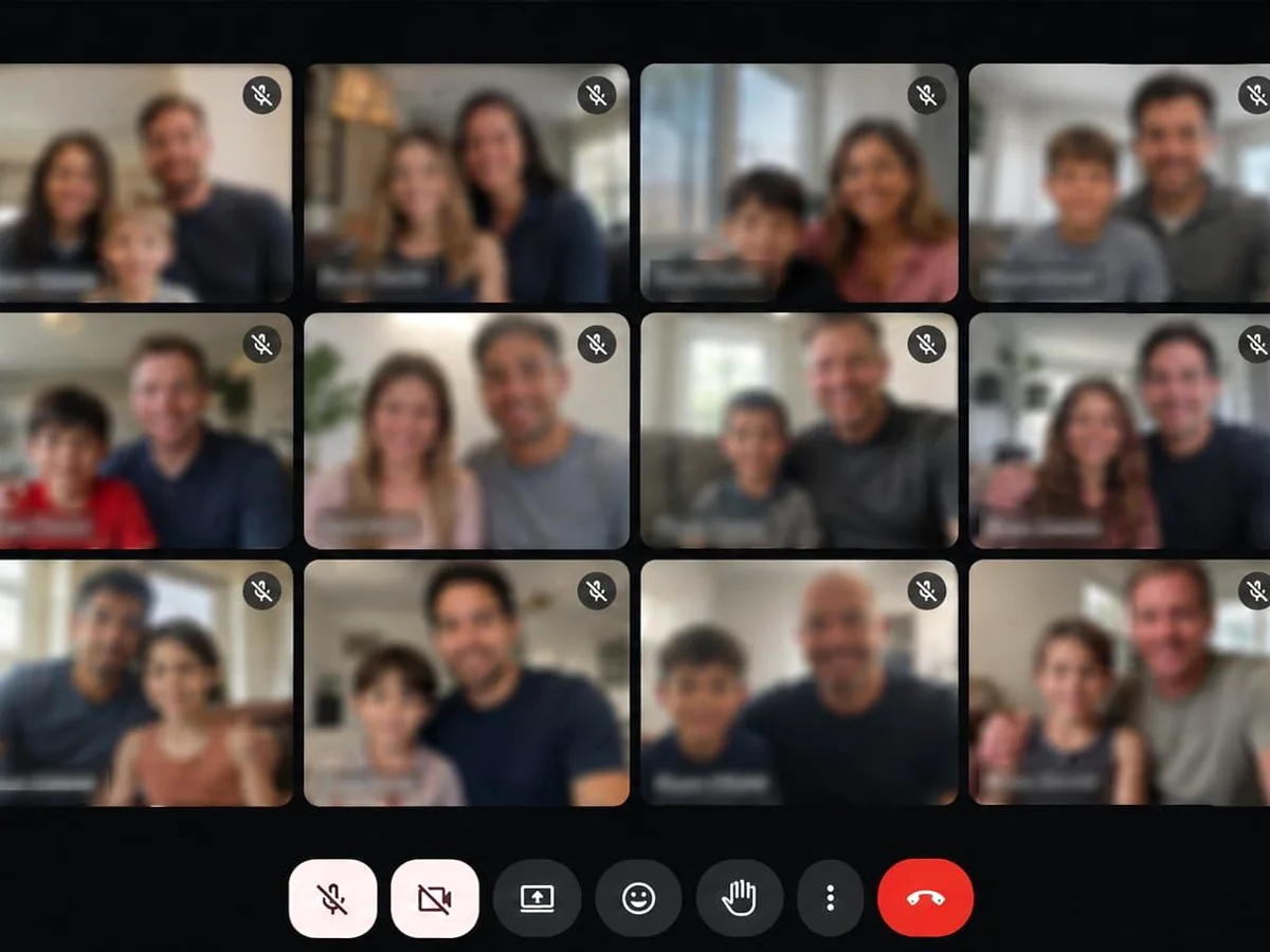 A weekly live group coaching call with a grid of families joining from home.